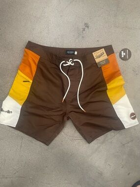 Seager Men's Brown Colorblock Swim Shorts with Orange & Yellow Panels